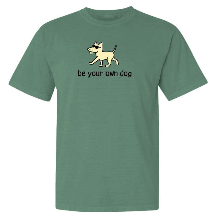 Green t-shirt with a dog graphic and 'be your own dog' text on a white background