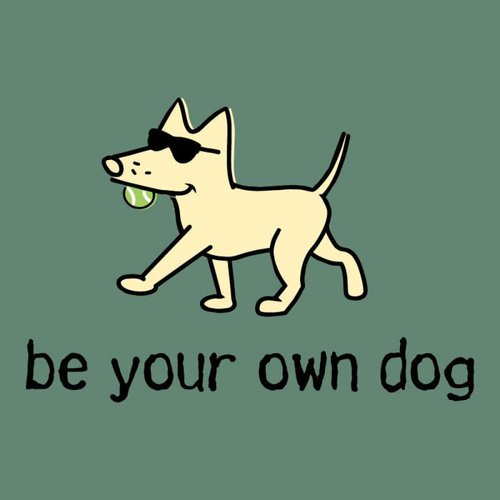 Dog with sunglasses and a tennis ball, with text 'be your own dog' on a green background