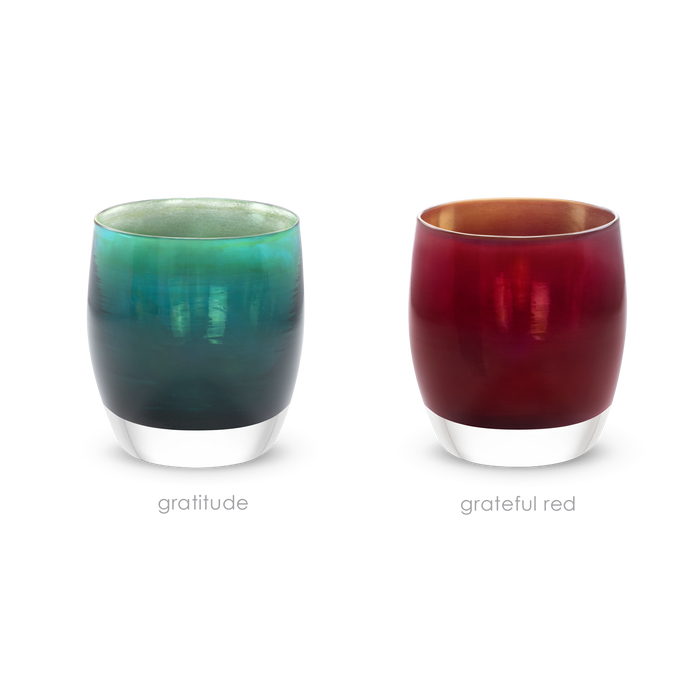 blessings holiday set grateful red gratitude red green hand-blown glass votive candle holder