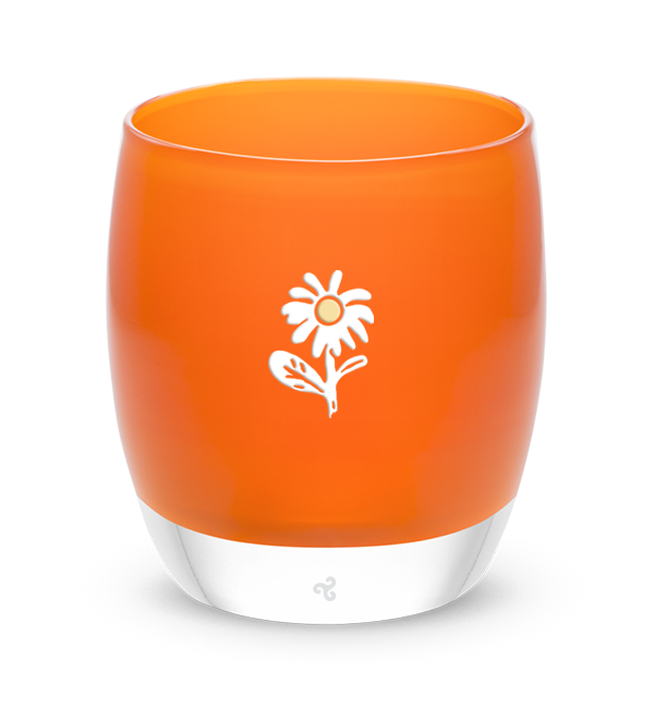 bloom orange glassybaby with white flower etched on it