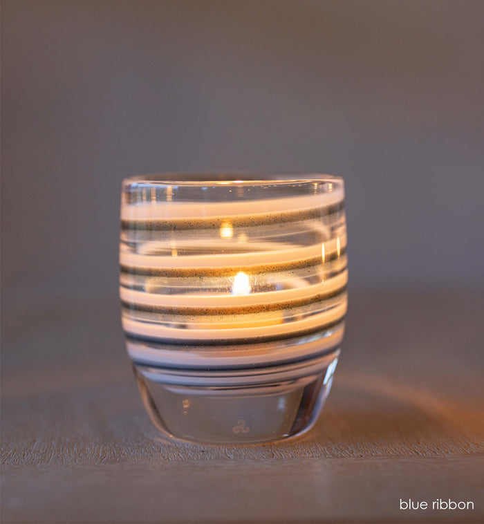 'blue ribbon' blue, white, and clear swirls hand-blown glass candle holder | glassybaby