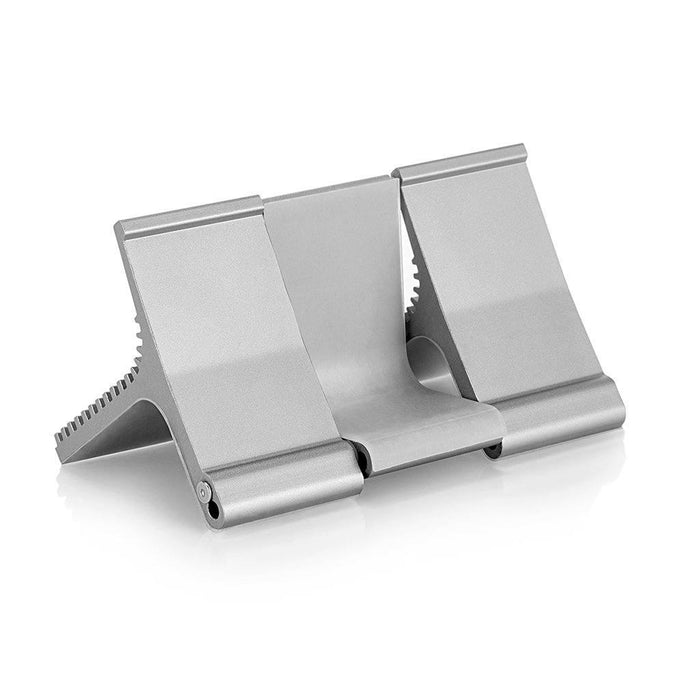 The Burson Audio Cool Stand R (Large) by Burson Audio is a silver, foldable metal stand with three slots for smartphones, tablets, or Burson Audio Class-A amplifiers, shown on a white background.