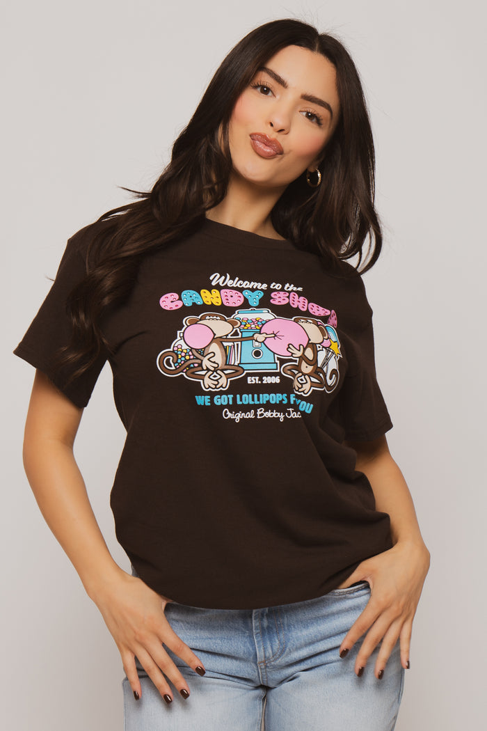 Candy Shop  - Bobby Jack Boyfriend Rhinestone T-Shirt -Brown