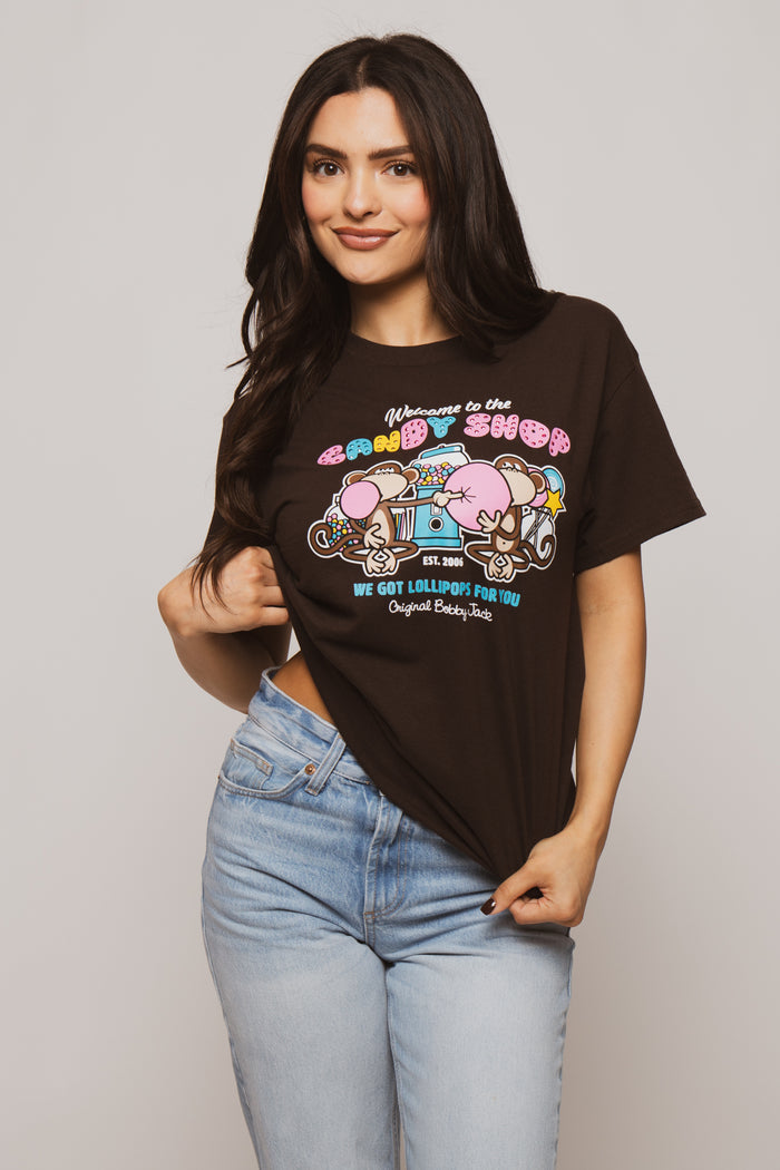Candy Shop  - Bobby Jack Boyfriend Rhinestone T-Shirt -Brown