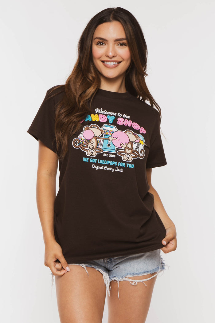 Candy Shop  - Bobby Jack Boyfriend Rhinestone T-Shirt -Brown
