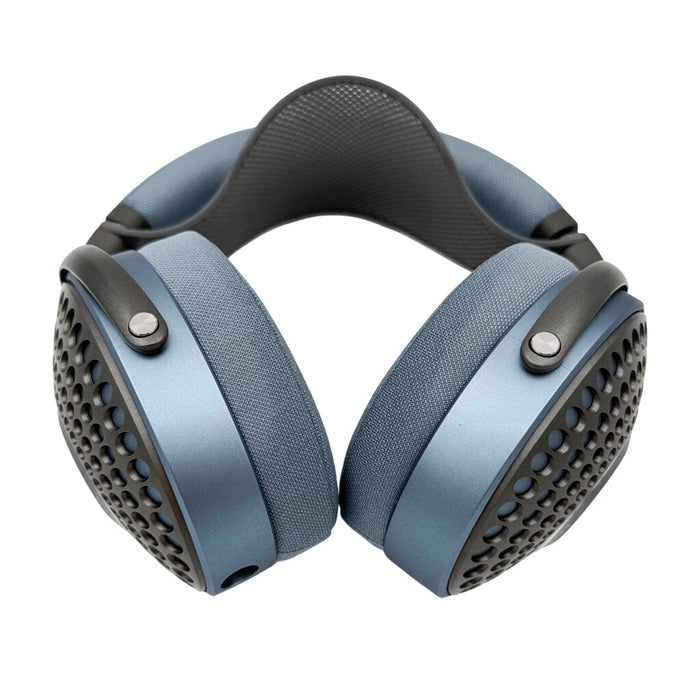 Blue and black over-ear headphones with perforated outer ear cups and padded headband, featuring the Capra Audio Capra Comfort Strap for Focal Headphones (Small), displayed front-facing on a white background.