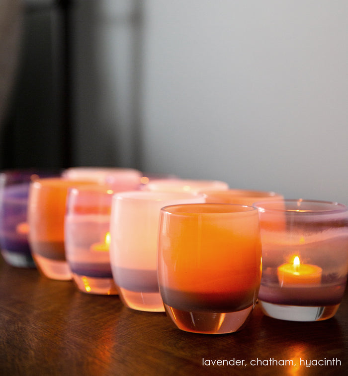chatham wine purple, hand-blown glass votive candle holder, paired with lavender and hyacinth