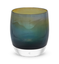 chesapeake dark green with touch of yellow hand-blown glass votive candle holder.