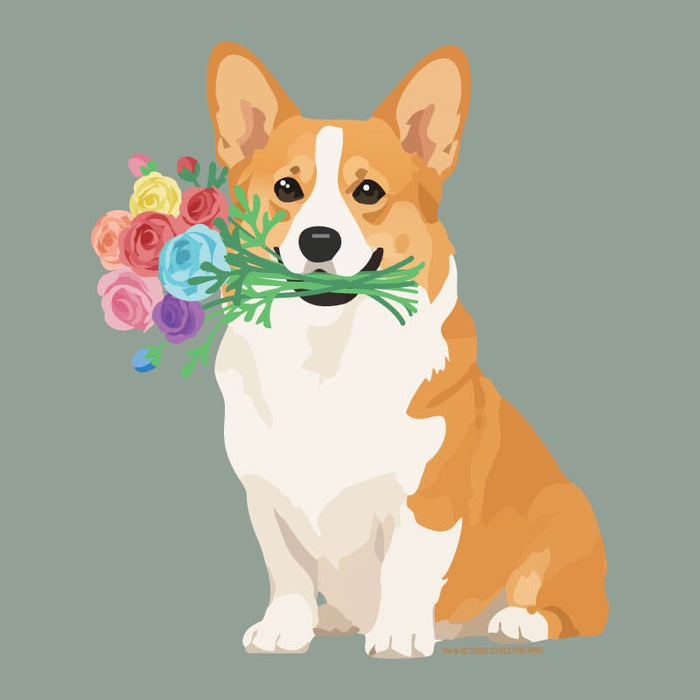 A stylized illustration of a corgi dog sitting and holding a bouquet of colorful flowers in its mouth, on a flat muted green background.