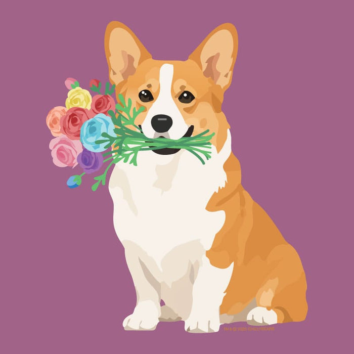 A stylized illustration of a corgi dog sitting and holding a bouquet of colorful flowers in its mouth, set against a solid mauve background.
