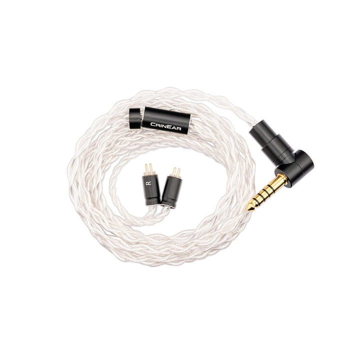 The CRIN EAR coiled white braided audio cable with a gold-plated right-angle connector delivers high-quality sound for Crinear Daybreak In-Ear Headphones, available from headphones.com.