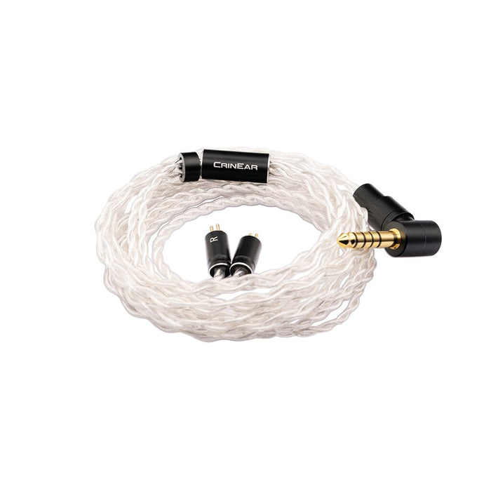 A coiled silver braided audio cable with a right-angle gold-plated 2-pin connector, labeled Crinear, designed for Crinear Daybreak In-Ear Headphones, is shown on a white background for audiophile-grade sound.