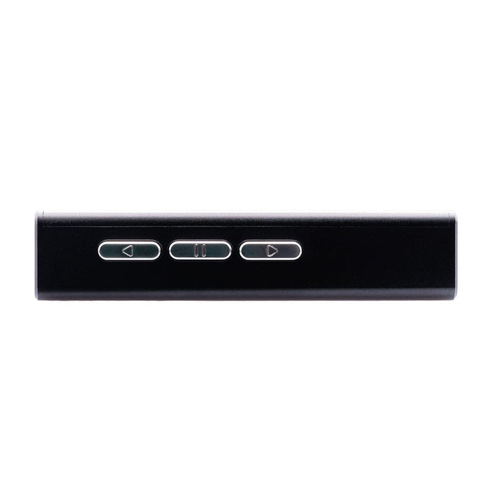 The CrinEar Protocol Max by CrinEar, a black rectangular headphone amplifier with back, pause/play, and forward buttons, is shown from the side against a white background.