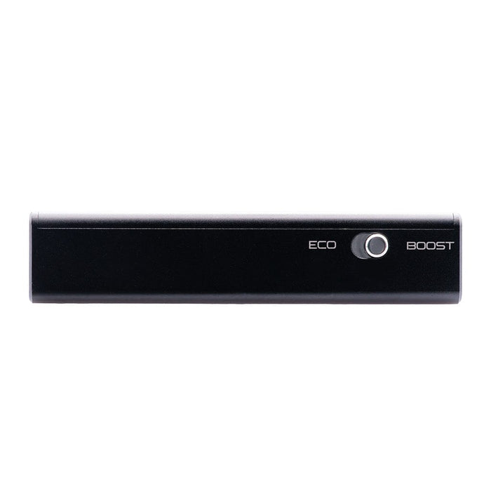 The CrinEar Protocol Max by CrinEar is a rectangular black headphone amplifier with a round center button. "ECO" and "BOOST" are printed on either side. The front view is shown against a white background.
