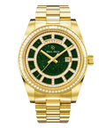 Gold watch with a green aventurine dial, day and date windows, and a bezel and hour markers set with clear stones on a full gold bracelet.