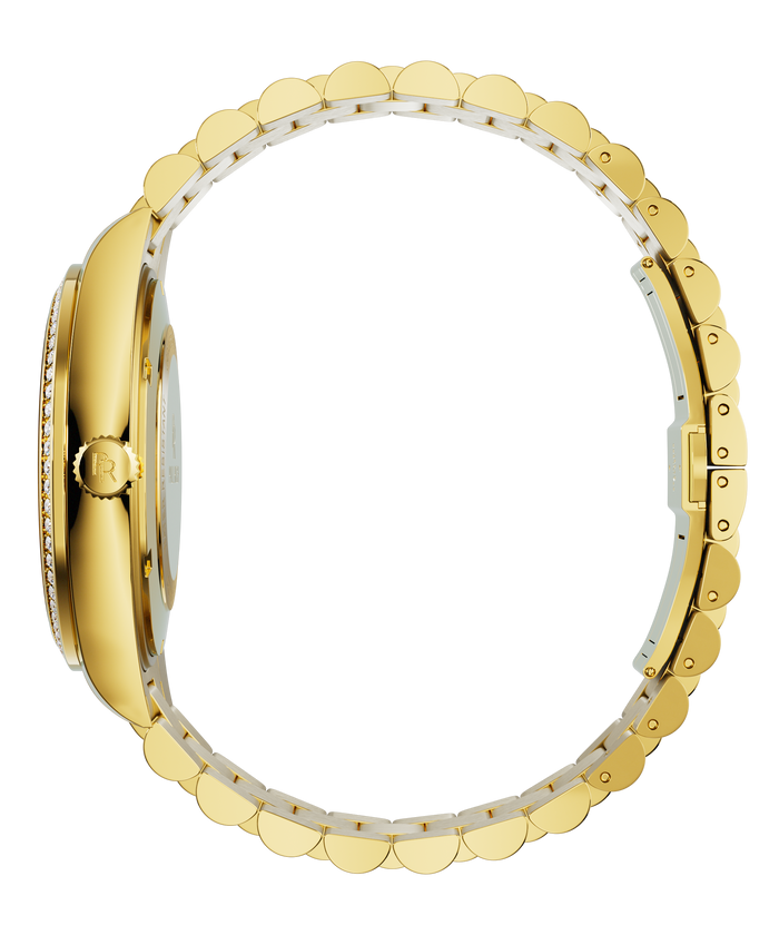 Side view of a gold watch with a gem-set bezel, gold crown engraved with the PR logo, and a full gold bracelet.