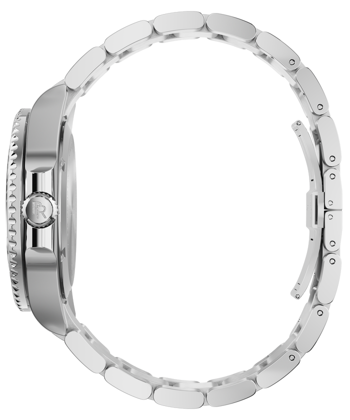 Side view of a stainless steel watch and bracelet, showing the crown, case profile, and linked band against a transparent background.