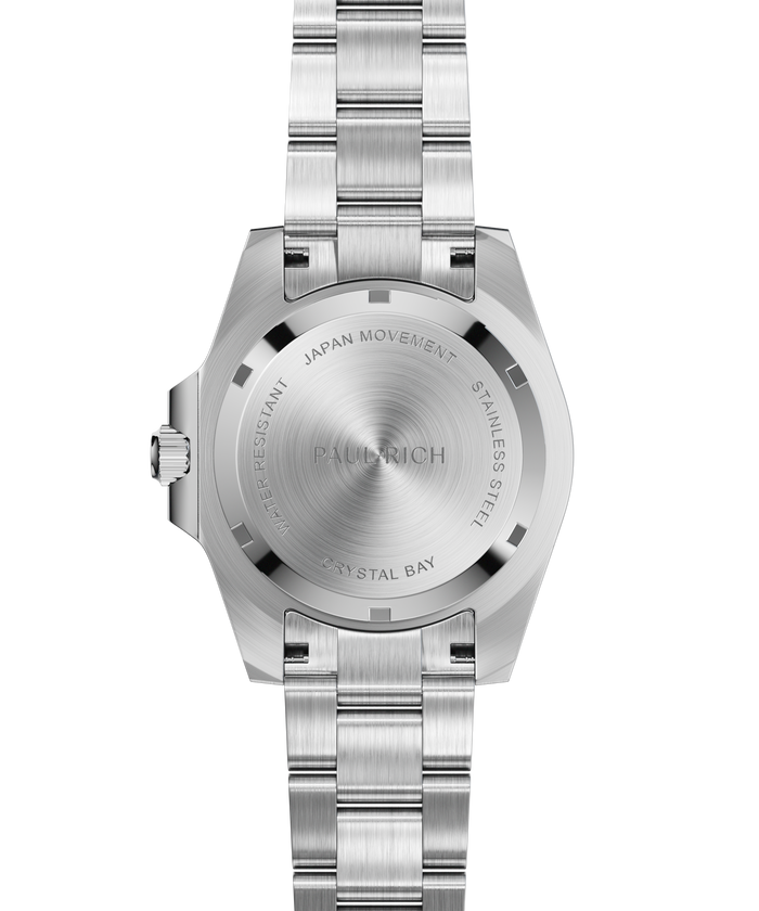 Stainless steel watch case back and bracelet shown from the rear, highlighting engraved markings and the brushed metal finish.