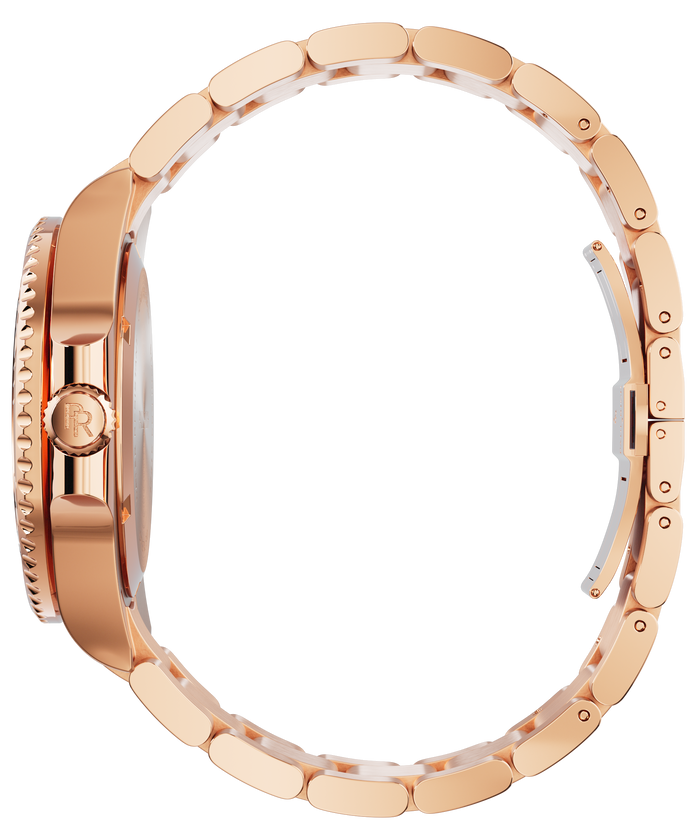 Side view of a rose-gold stainless steel watch and bracelet, showing the crown, case profile, and linked band against a transparent background.
