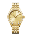 Front view of a gold-tone Paul Rich watch with a matching sunray dial, diamond hour markers, gem-set bezel, and gold jubilee bracelet.