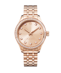 Front view of a rose gold Paul Rich watch with a matching rose gold sunray dial, diamond hour markers, gem-set bezel, and rose gold jubilee bracelet.
