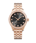 Front view of a rose gold Paul Rich watch with a black sunray dial, diamond hour markers, gem-set bezel, and rose gold jubilee bracelet.