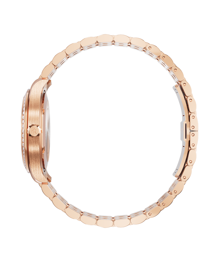 Side view of a rose gold wristwatch with a gem-set bezel, “PR” logo on the crown, and a fully closed rounded link bracelet.