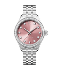 Front view of a silver-tone Paul Rich watch with a pink sunray dial, diamond hour markers, gem-set bezel, and silver jubilee bracelet.