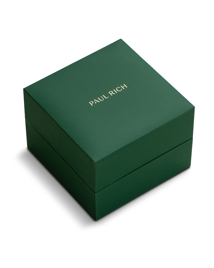 Dark green square watch box with gold “PAUL RICH” lettering on the lid, shown closed on a white background.