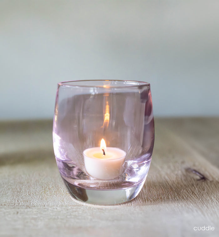 'cuddle' a pink transparent glassybaby hand-blown glass candle holder