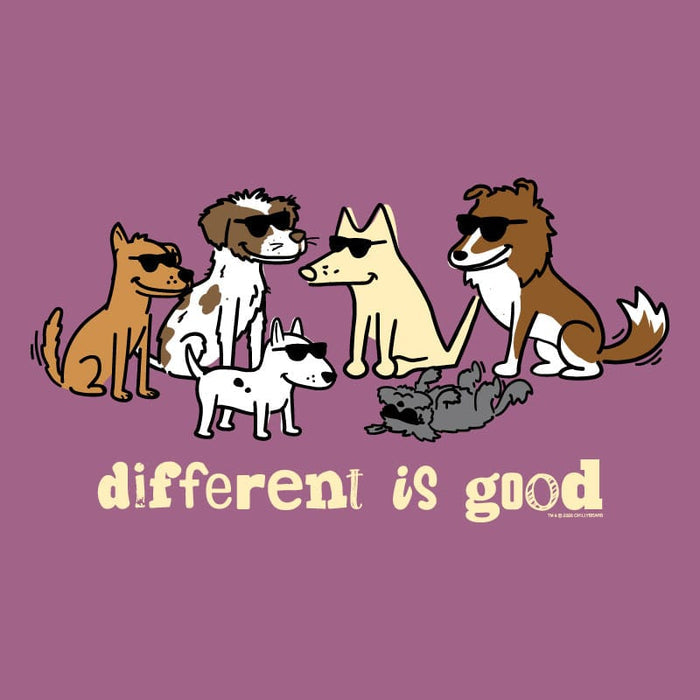 Illustration of dogs with sunglasses on a purple background with 'different is good' text.
