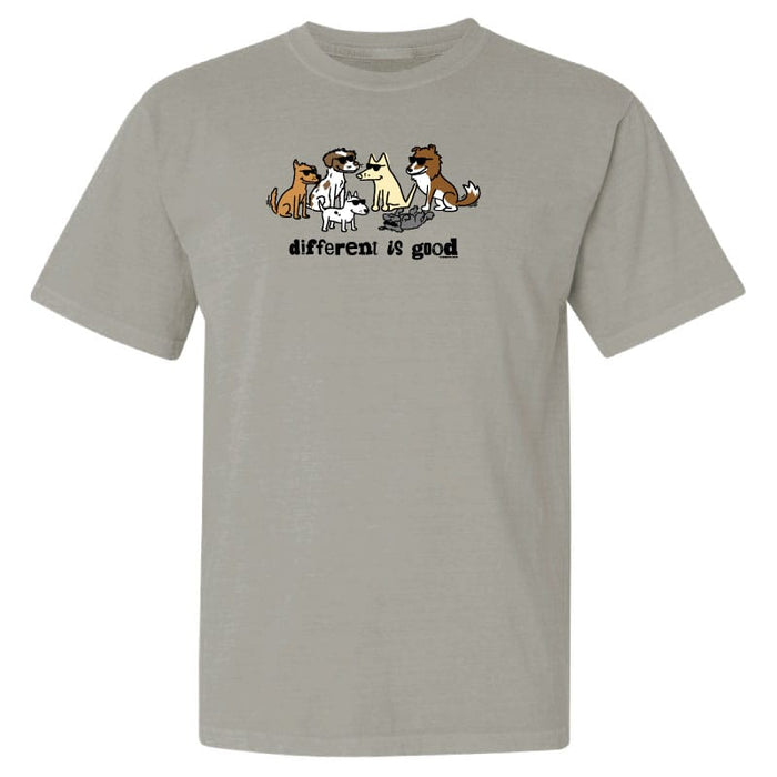 Gray t-shirt with cartoon dogs and 'different is good' text on a white background