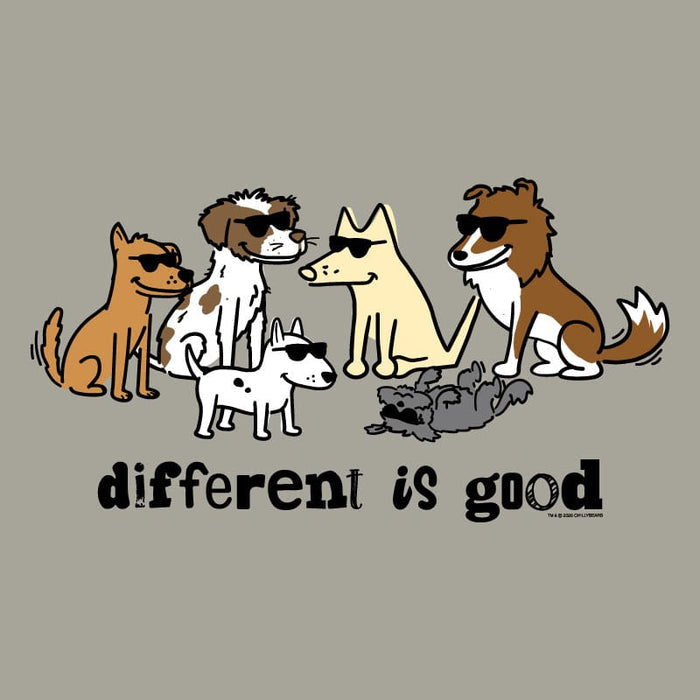 Illustration of dogs with sunglasses and the text 'different is good' on a gray background