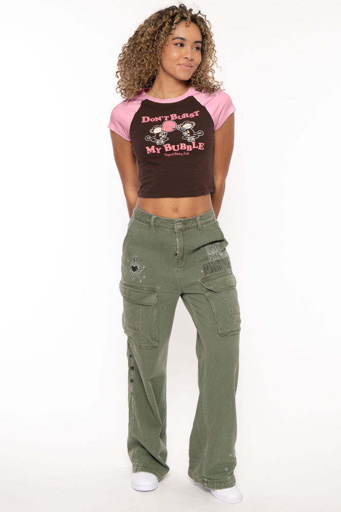Don't Burst My Bubble - Bobby Jack Crop Raglan Top - Brown