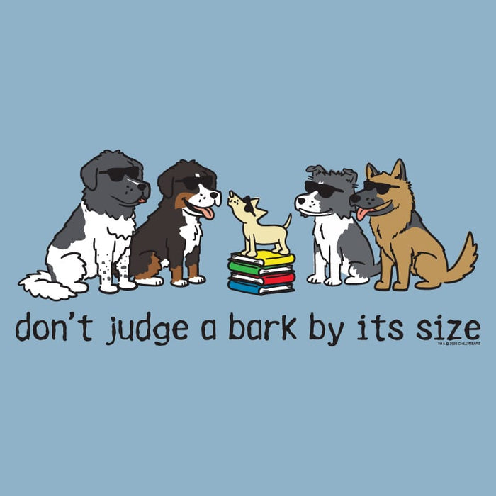 A graphic design featuring five cartoon dogs wearing sunglasses sitting on and around a stack of books, with the text 'don't judge a bark by its size' below, on a solid light blue background.