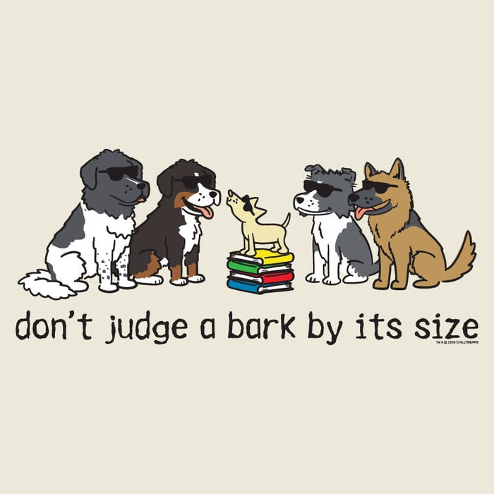 A graphic design featuring five cartoon dogs wearing sunglasses, with one small dog standing on a stack of colorful books. Below them is the text 'don't judge a bark by its size' in black lowercase letters.
