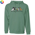 A sage green pullover hoodie with a graphic of several dog breeds sitting on a stack of books and the text 'don't judge a bark by its size' printed on the chest. A small multicolor color wheel icon is in the top-left corner.