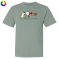 Green t-shirt with a cartoon dog graphic and text on a white background