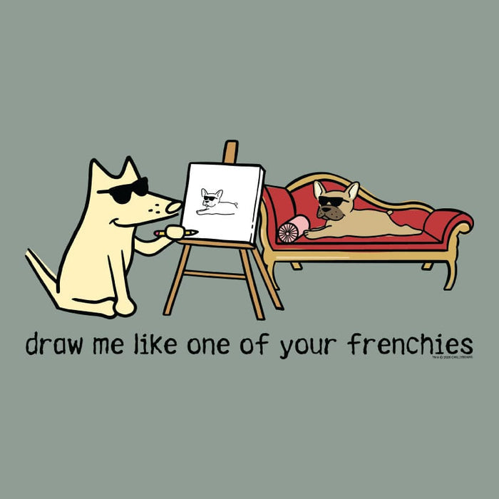 Cartoon dog drawing another dog on a canvas with text 'draw me like one of your frenchies' on a gray background.