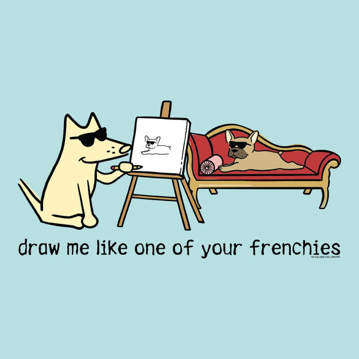 Cartoon dog drawing another dog on a easel with a light blue background