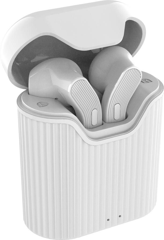 Wicked Audio Driftr white earbuds in case
