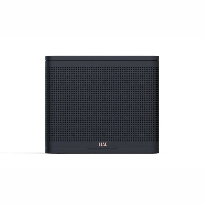 The ELAC NAVA 100 Portable Bluetooth Speaker, in black with a perforated front panel and rectangular design, features the ELAC logo near the bottom center. It’s shown against a white background.