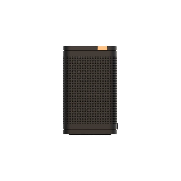 The ELAC NAVA 100 Portable Bluetooth Speaker by ELAC features a sleek rectangular black design with a perforated grille and tan accent, delivering balanced wireless sound for music streaming.