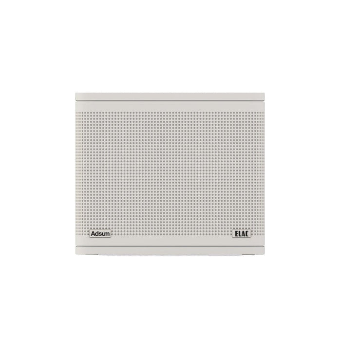 The ELAC NAVA 100 Portable Bluetooth Speaker features a compact white rectangular design with a perforated front grille, ELAC and Adsum logos at the corners, and delivers balanced sound against a plain white background.
