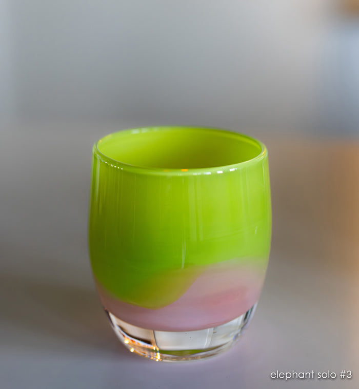 elephant solo #3 green/pink hand-blown glass candle holder.