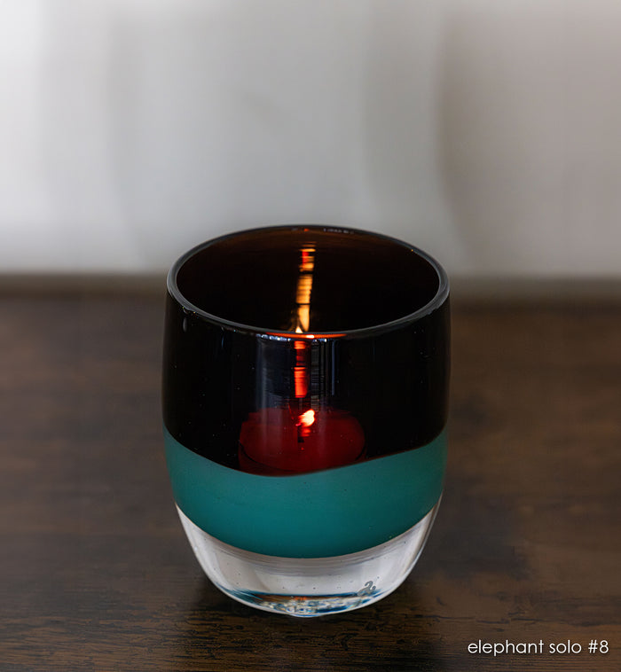 elephant solo #8 purple and green hand-blown glass candle holder.