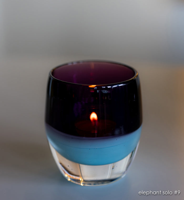 elephant solo # purple and turquoise hand-blown glass candle holder.