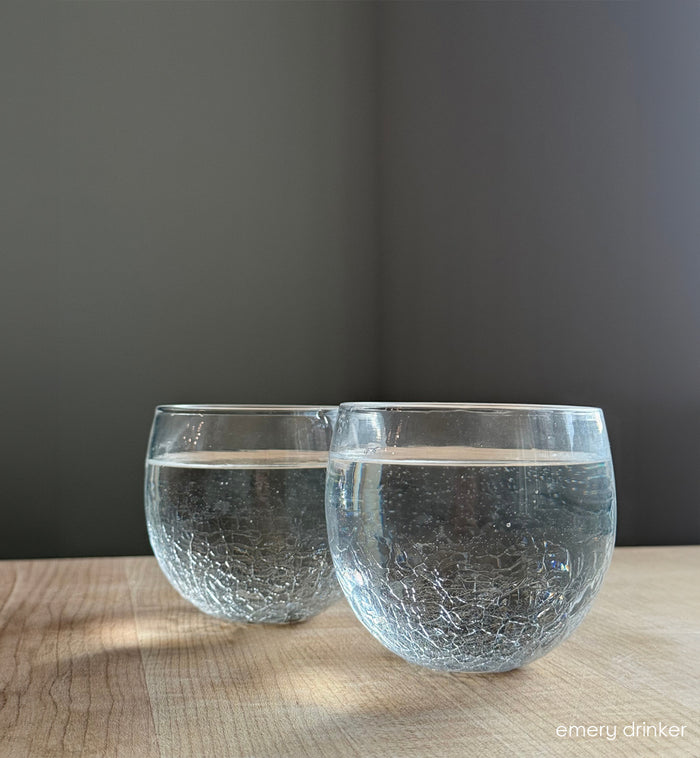 two emery drinker. clear crackle drinking glasses
