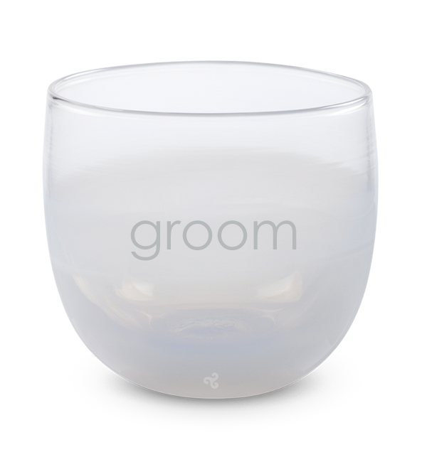 fizz white, hand-blown drinking glass, etched with the word groom