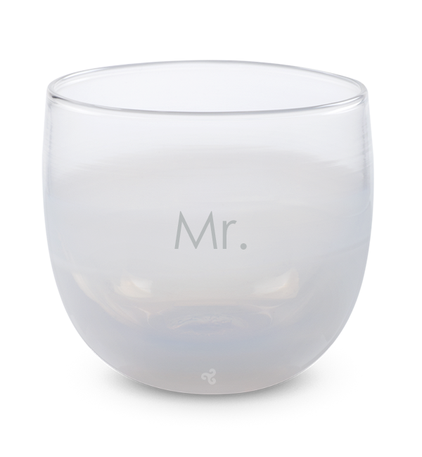 fizz white, hand-blown drinking glass, etched with the word Mr.